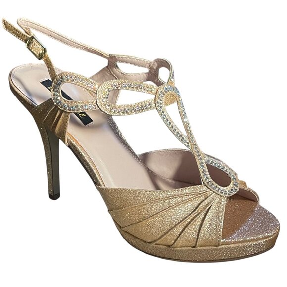 Glitzy Champagne Grandeur Rhinestone Peep Toe High Heels Strappy Dress Shoes - Picture 2 of 7